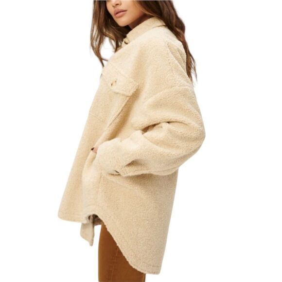 Good American Cream Sherpa Shacket Oversize Button Down Shirt Jacket Size 1/2 XL - Picture 1 of 16